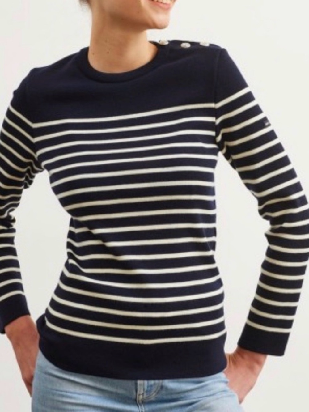 Saint James Striped Sweater with Button Shoulder